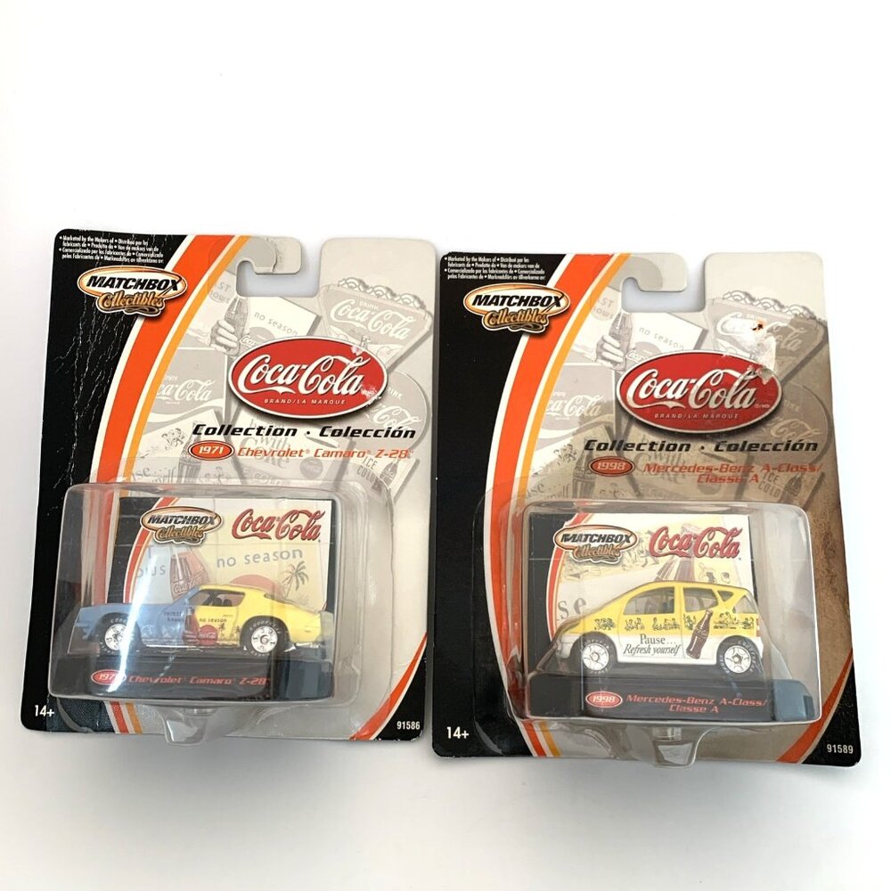 Lot of 2 Coca Cola Matchbox Collection Cars 1998 Mercedes 1971 Camaro Mattel Vtg